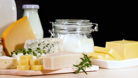 assorted dairy items arranged neatly on a table