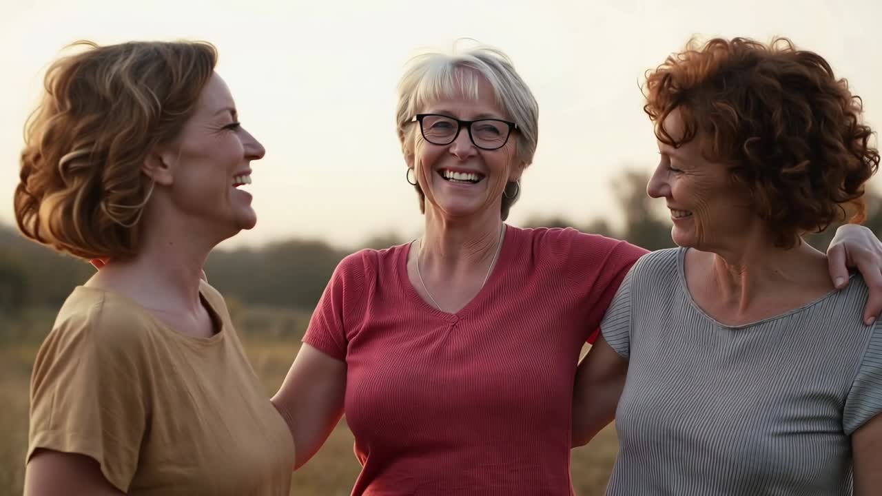 Três idosos rindo, encostados como amigos em um campo, depois que uma mulher se inclina para trás, exibindo óculos, anéis e camisetas.
