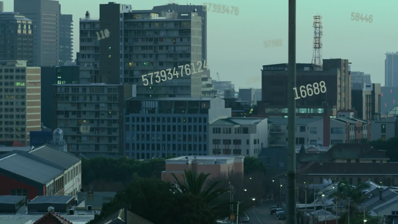 도시 풍경 위의 숫자 애니메이션과 데이터 처리