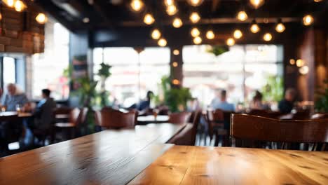 una mesa de madera sentada en un restaurante con personas sentadas en mesas