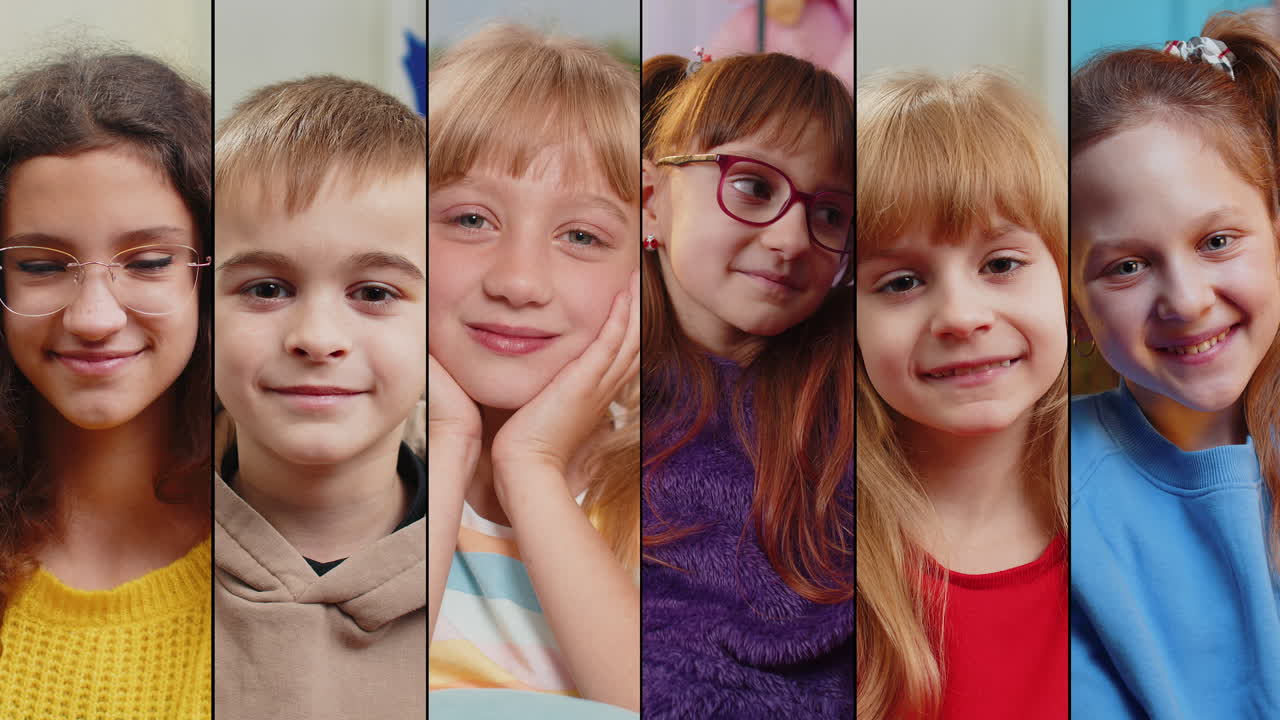 Collage of smiling happy people children boy girl portraits diverse gender looking at camera