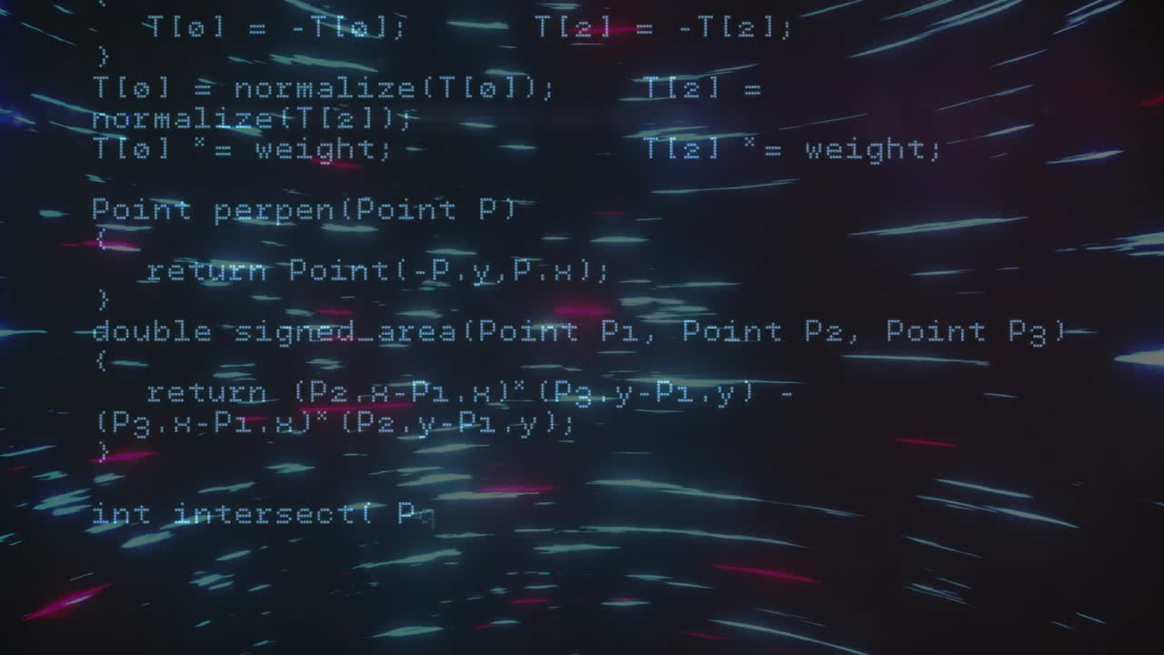 Animation of data processing over light trails on black background
