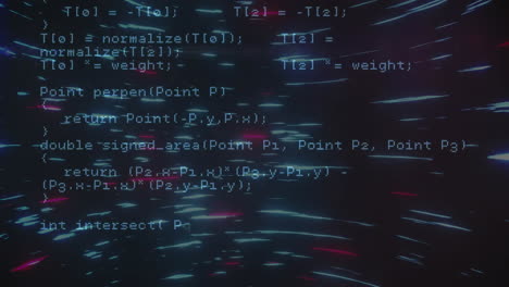 Animation of data processing over light trails on black background