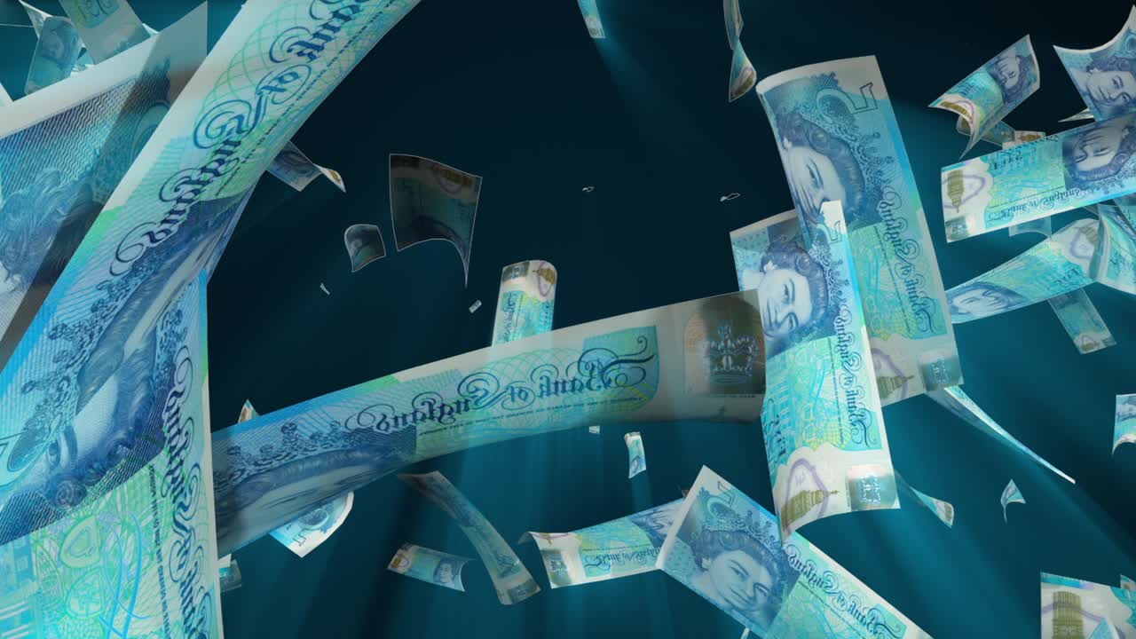 많은 파운드 스터링이 위에서 떨어집니다, 3d 렌더링, 컴퓨터 생성 배경, 돈 비의 효과, 비즈니스 성공