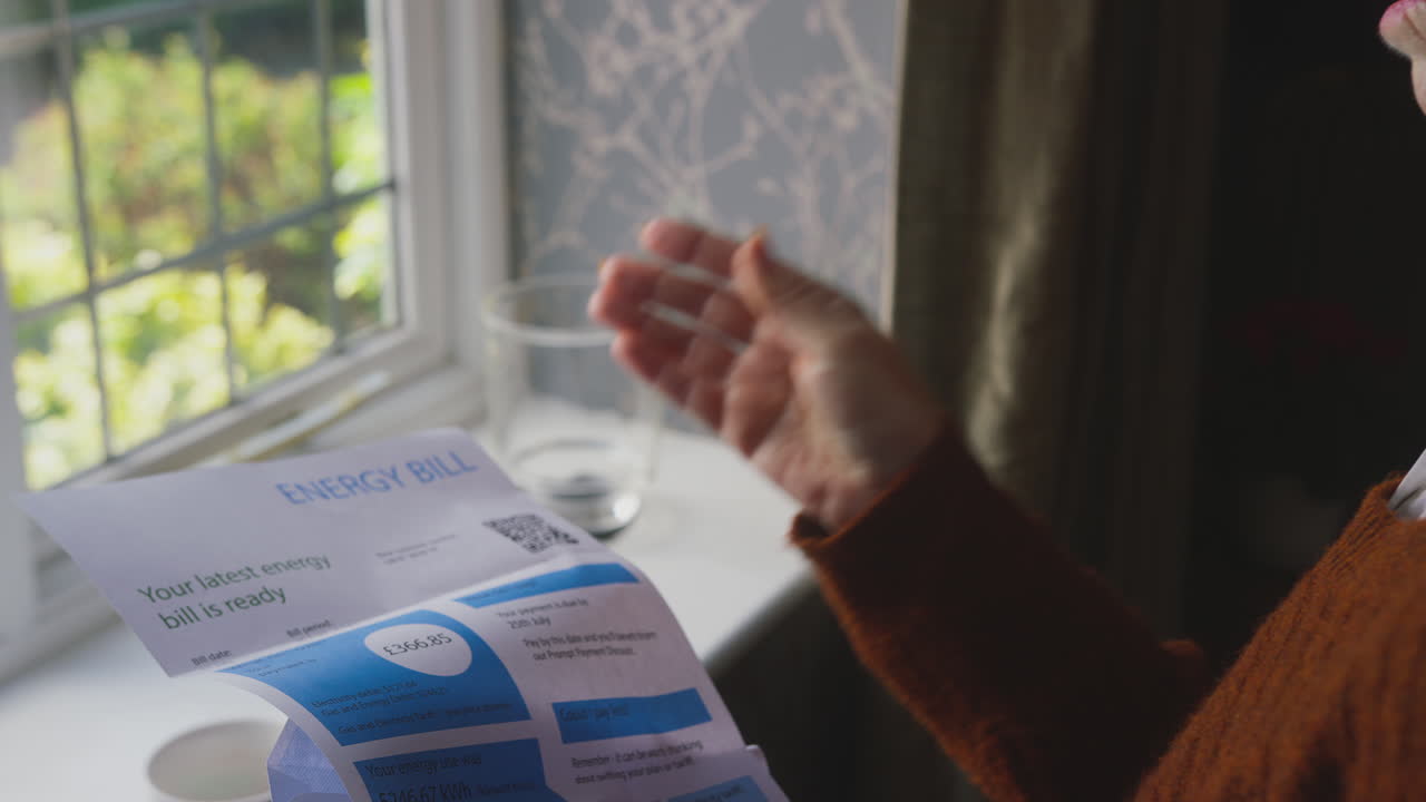 Bekymret ældre kvinde med britisk energiregning bekymret over energikrisen og stigende leveomkostninger
