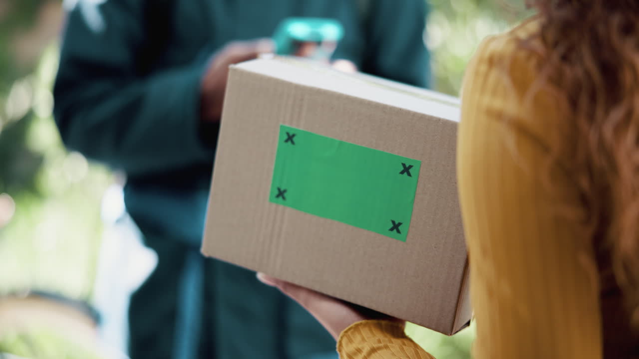 persona de entrega entregando un paquete a una mujer en su puerta principal