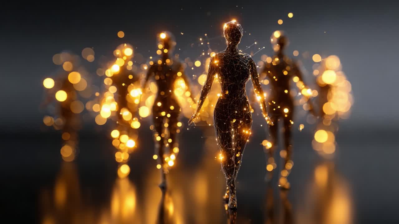 Una rappresentazione ipnotica di figure eteree e luminose che camminano attraverso un paesaggio onirico, incarnando la fusione tra tecnologia ed essenza umana in una narrazione visiva accattivante