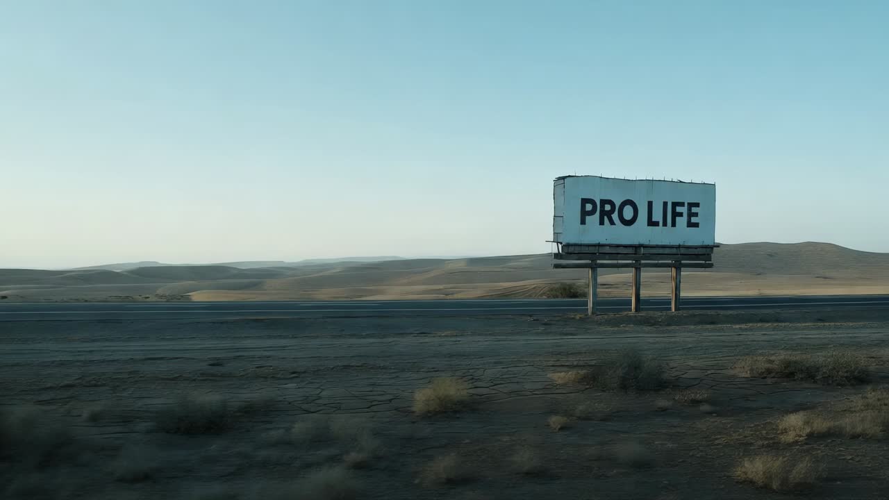 Schwenkende Kamera auf vorbeifahrendes Auto, das eine PRO LIFE-Werbetafel über einer rissigen Wüste entlang einer Autobahn zeigt