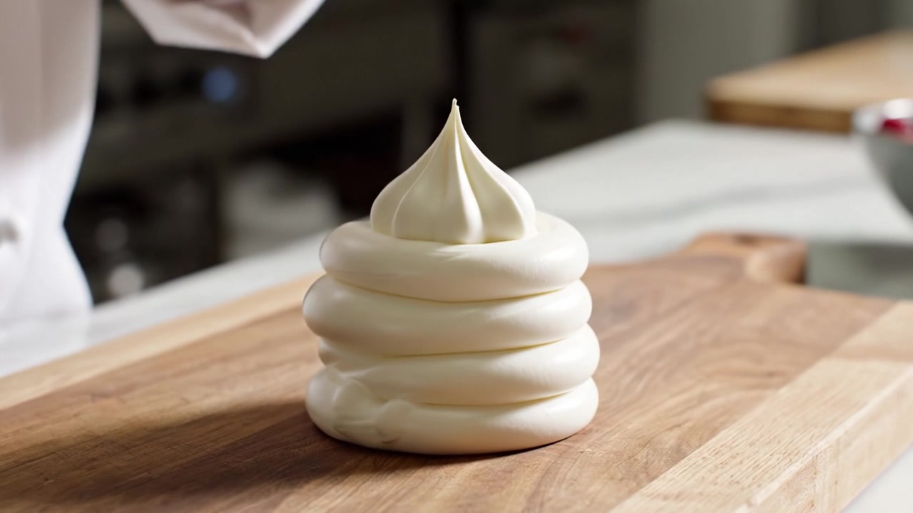 Maîtriser l'art du pochage : un chef pâtissier talentueux crée d'exquises volutes de crème fouettée pour la décoration de pâtisseries sur une planche à découper en bois.