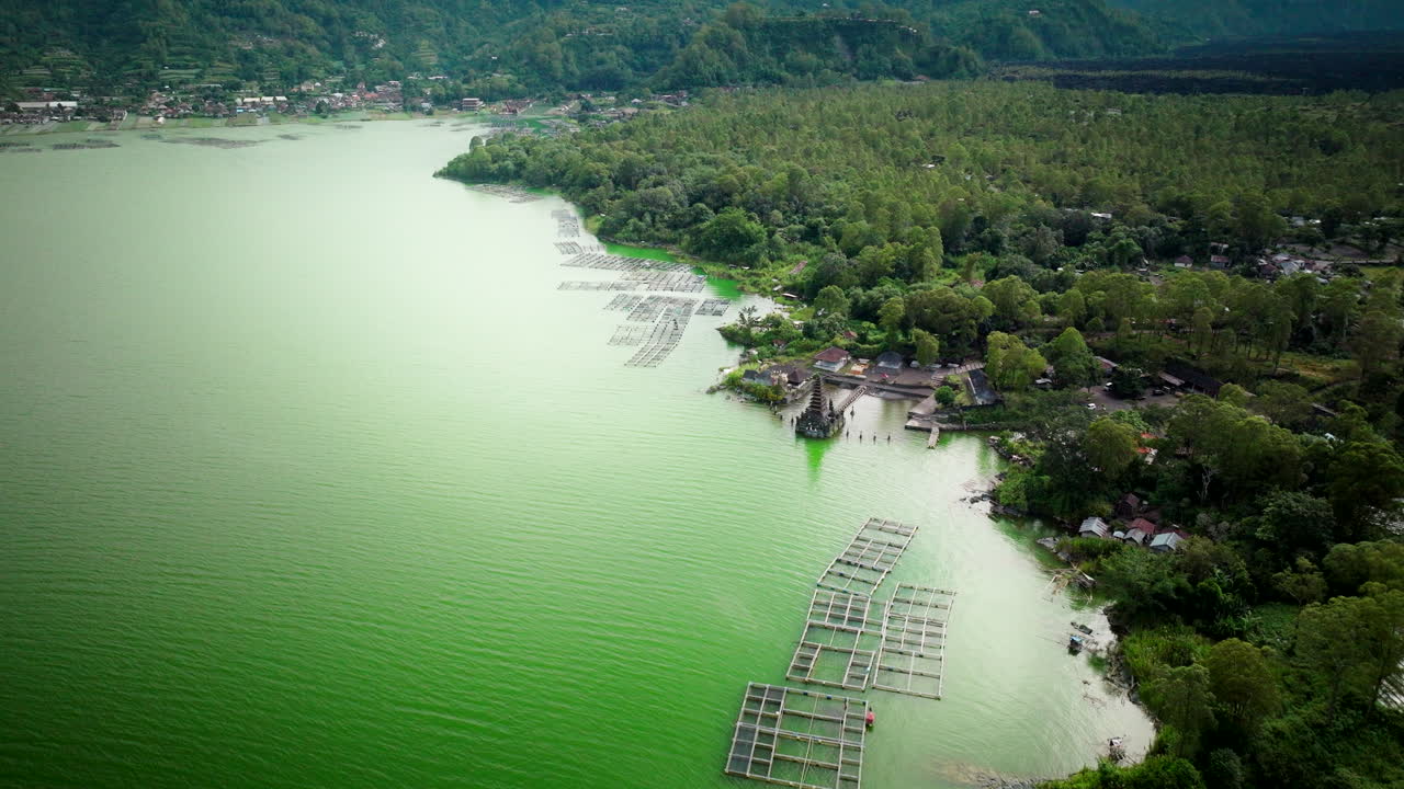 vista aérea superior de la granja de peces de acuicultura de tilapia en el contaminado lago batur, bali
