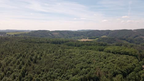 Expansive-hills-covered-by-mixed-forests-underneath-a-blue-afternoon-sky-with-few-clouds