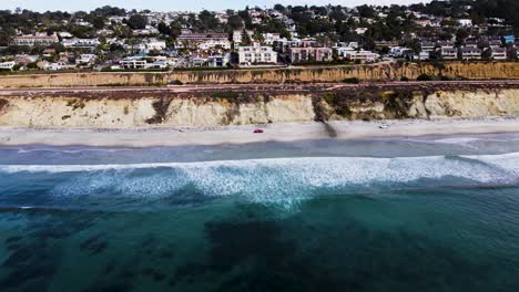 spectacular aerial view of delmar coastline and red lifeguard truck