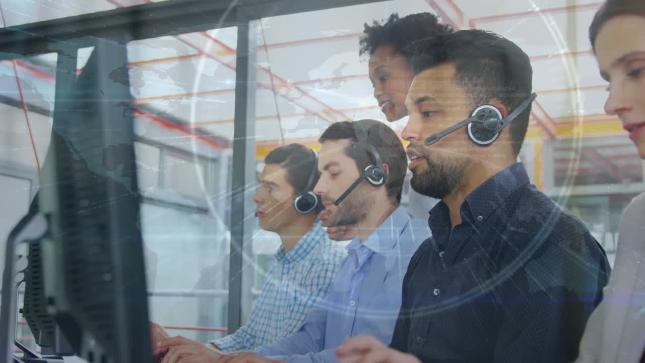 Animation of data processing over diverse business people in office