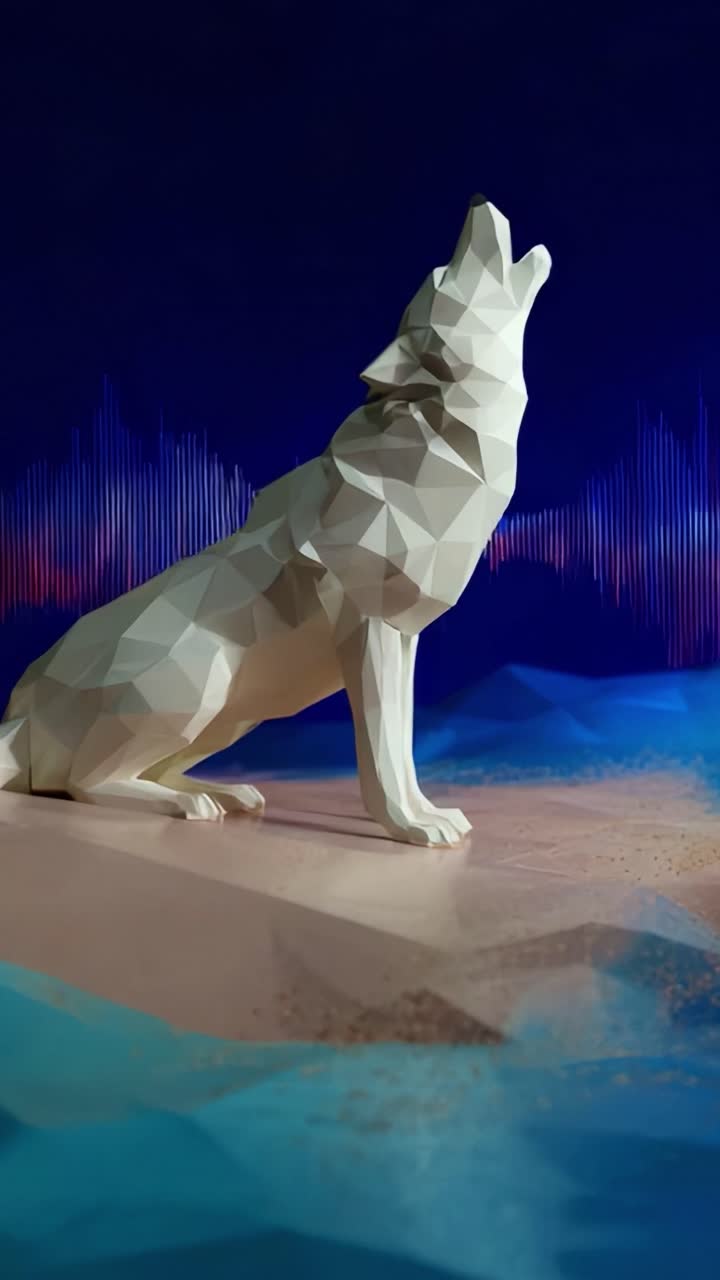 A Stunning Geometric Representation of a Howling Wolf, Captured in a Mesmerizing Digital Art Style, with Vibrant Colors and Dynamic Audio Waveforms Creating a Unique Visual Experience