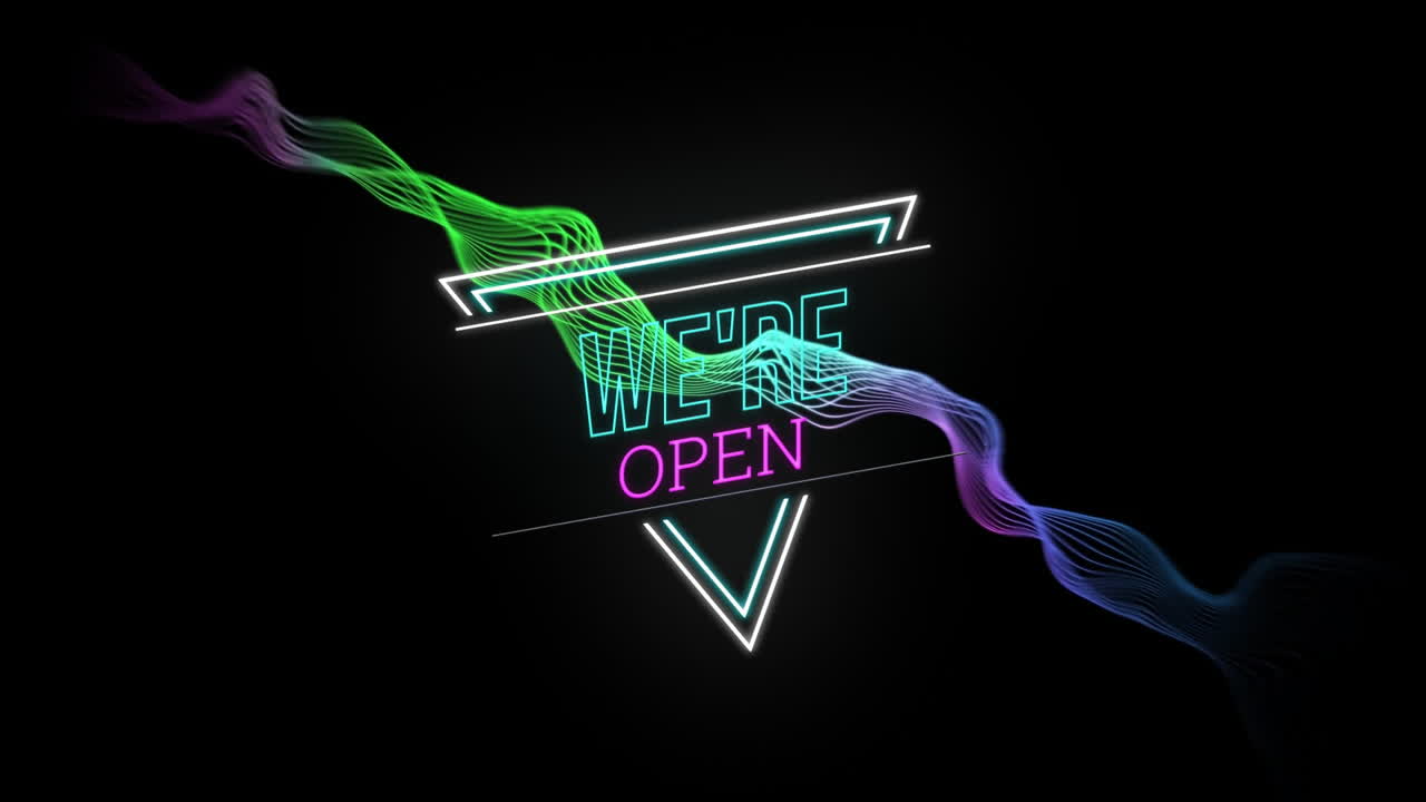 Animation of we're open text over network of connections and neon light trails on black background