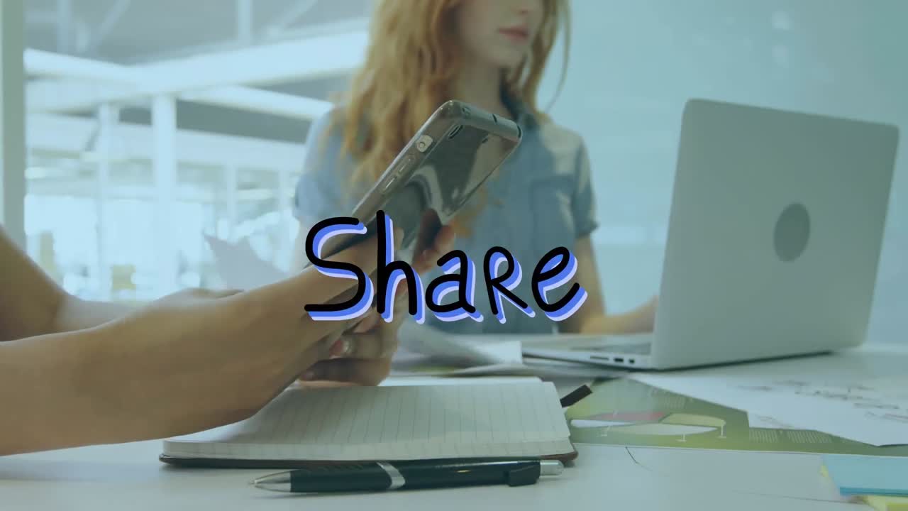Animation of share text over diverse people using smartphone and laptop