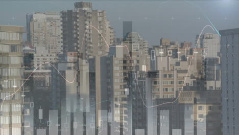 animation of financial data processing over buildings and cityscape