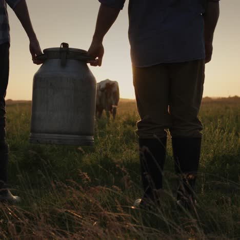 two farmers carry a can through the pasture 1