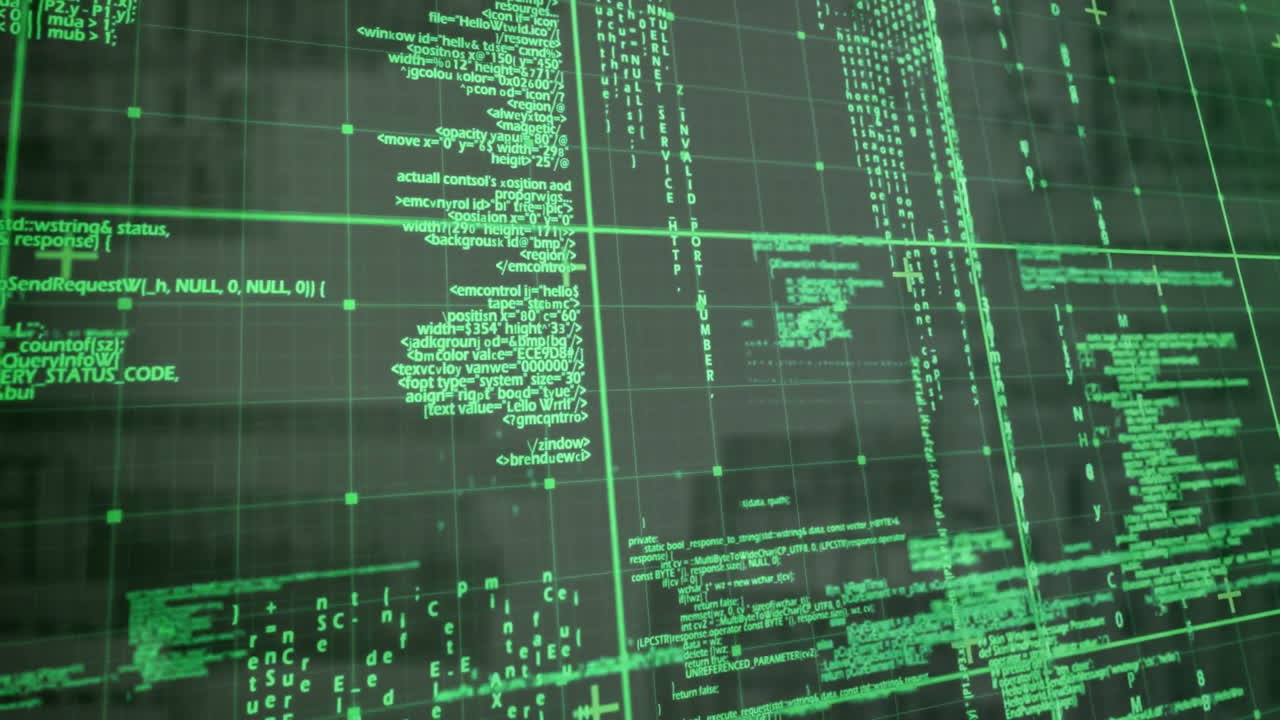 Animation of green digital code processing on dark grid background