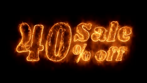 40% de descuento en la palabra animada caliente que quema el bucle de llamas de fuego realista.