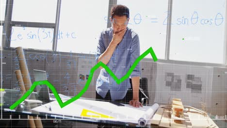 animación de procesamiento de datos sobre trabajador masculino asiático con esquema