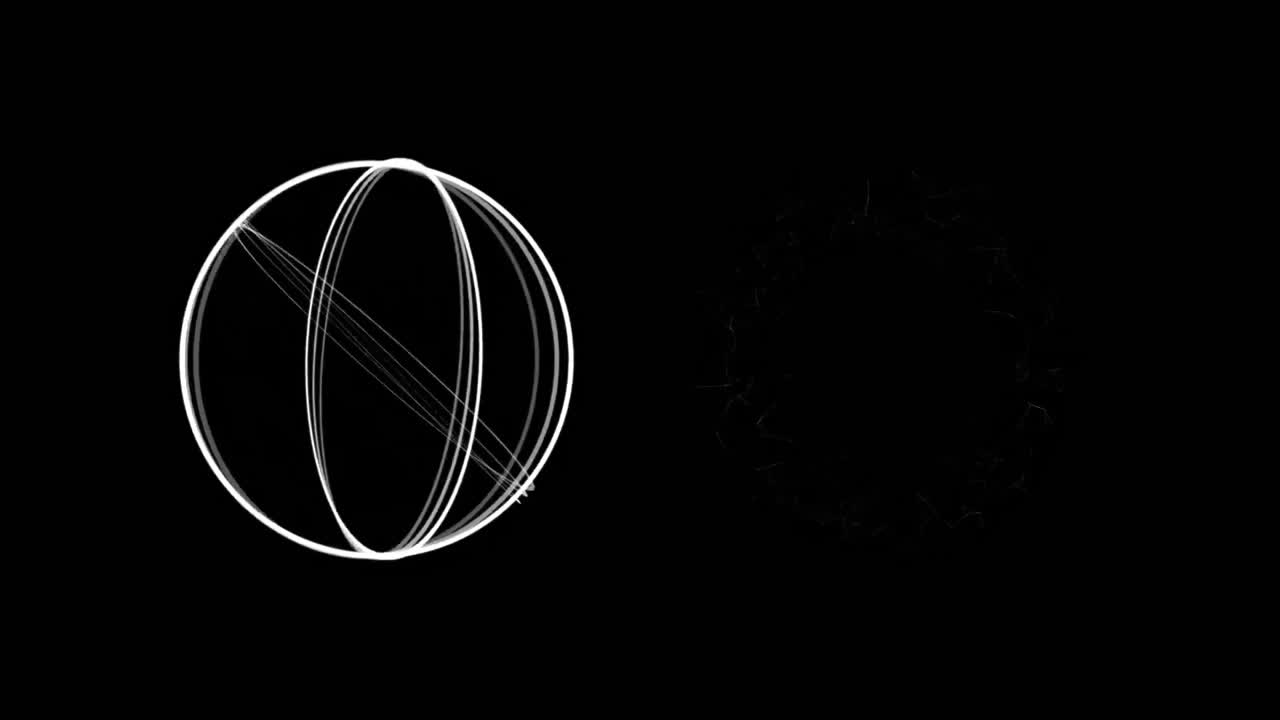 검은 바탕에 회전하는 추상적인 원형 고리 모양의 디지털 애니메이션