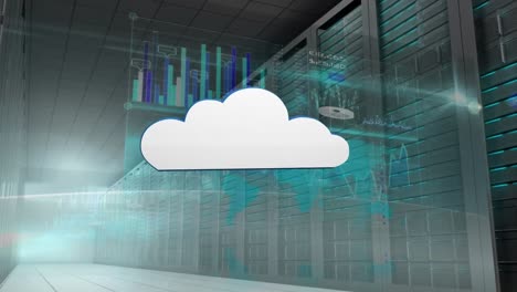 animazione del cloud digitale con elaborazione dei dati su server informatici