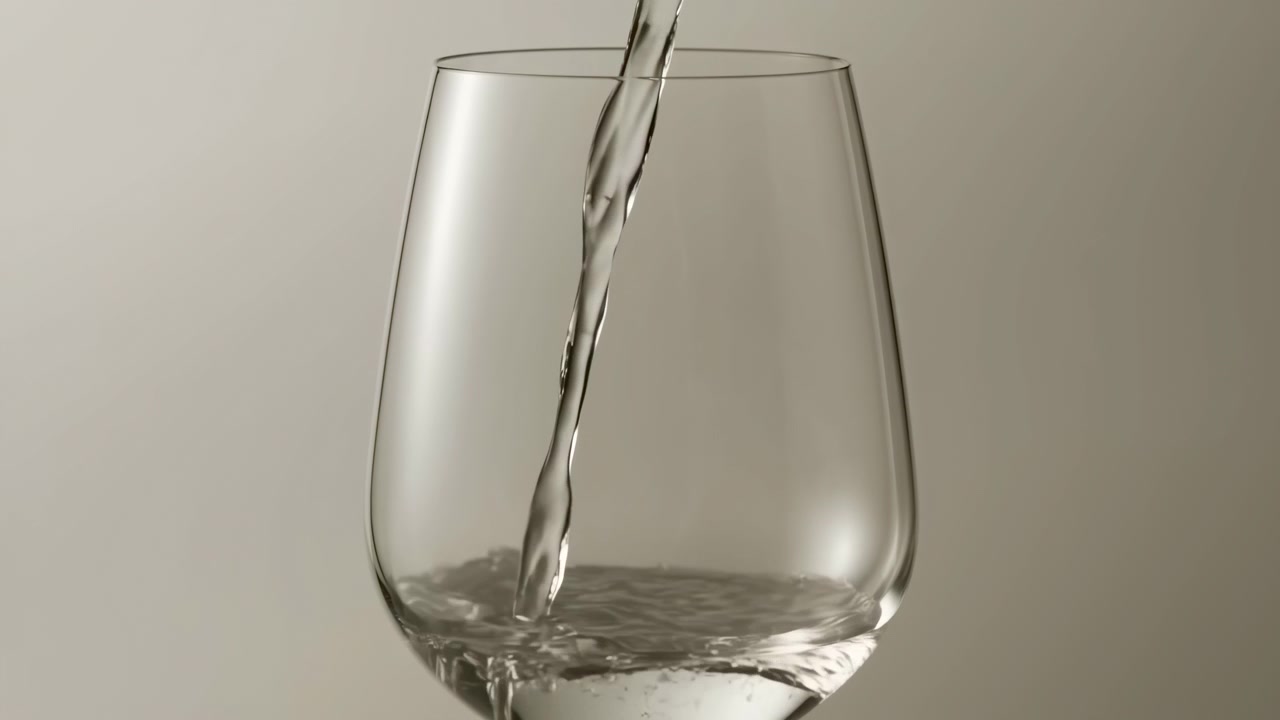 Scène frontale à hauteur des yeux montrant un liquide clair s'écoulant dans un grand verre à vin à pied sur un fond dégradé beige lisse, avec des éclaboussures visibles, un tourbillon, une lueur et de délicates ondulations, avec le verre