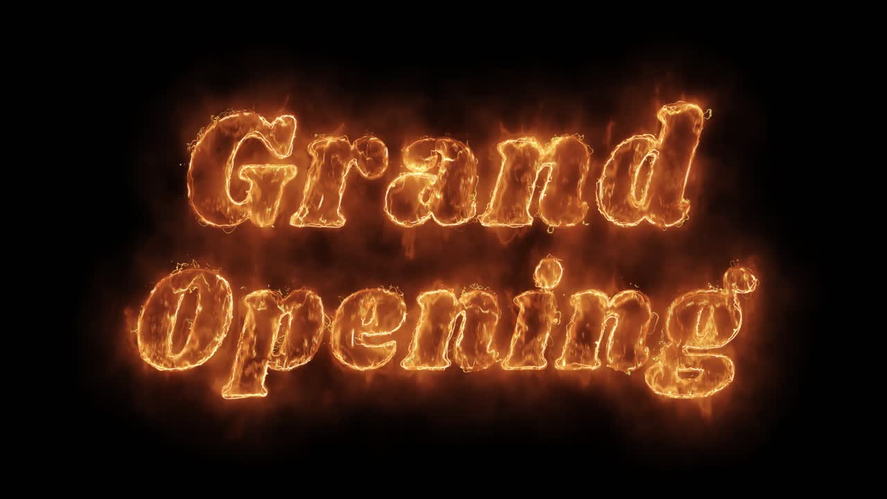 Grand opening word hot animated burning realistic fire flame and smoke seamlessly loop animation on