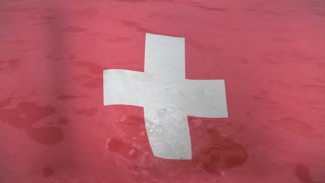 swiss flag with white cross floating over red water in animation style