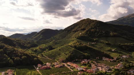 aerial panoramic landscape view over the famous prosecco hills with vineyard rows, italy, on a cloudy evening