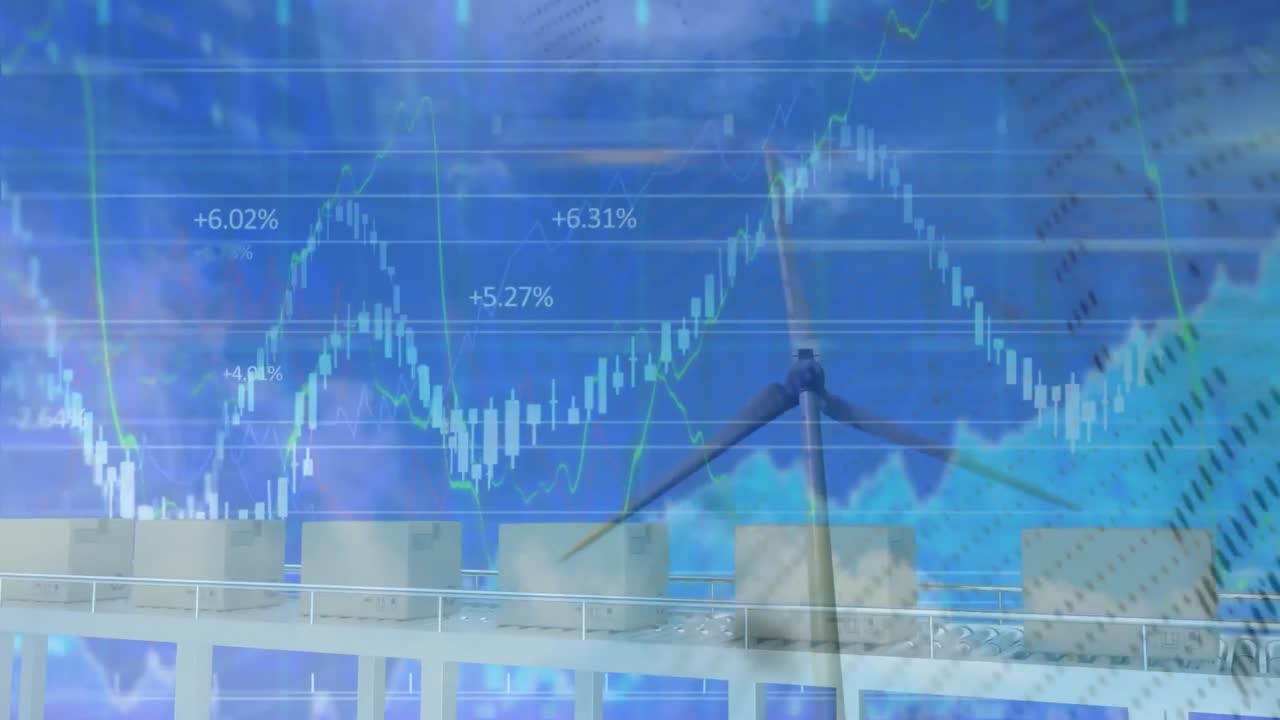 금융 데이터 처리의 애니메이션과 풍력 터빈 위의 상자