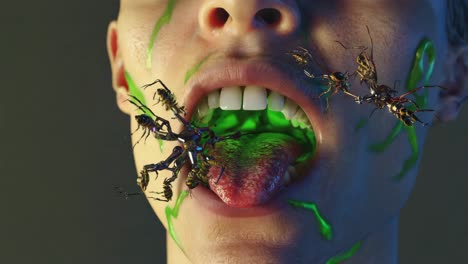 surreal close-up of a mouth with insects and green glow