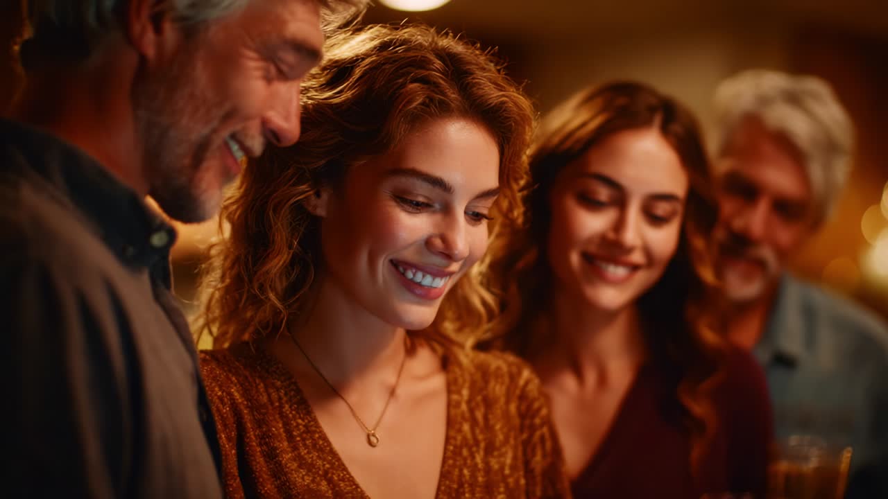 A warm gathering of friends sharing smiles and laughter while overlooking a digital screen, showcasing moments of joy and connection in a cozy, inviting atmosphere surrounded by glowing lights