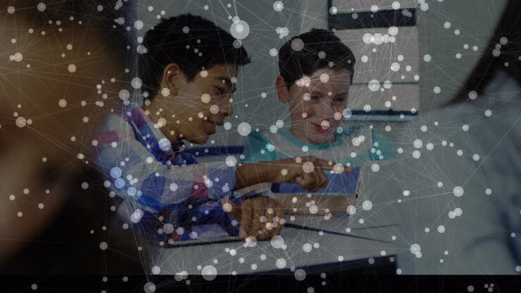Animation of network of connections over schoolchildren in classroom