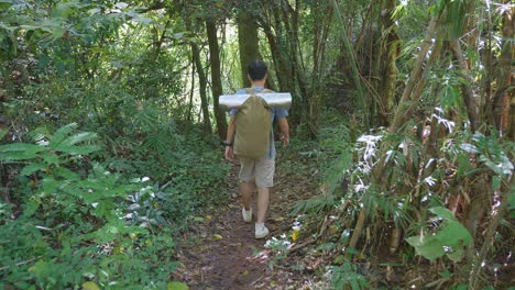 back view of asian hiker male with a backpack hiking in the forest