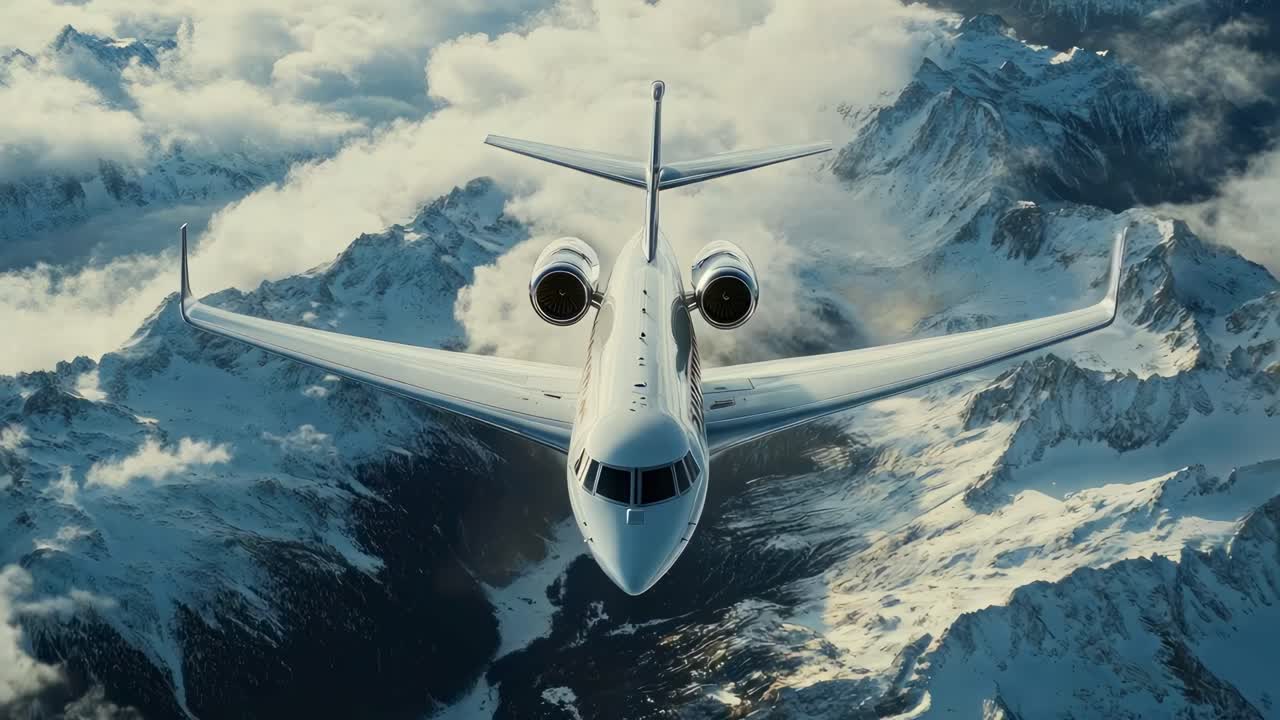 Aerial video of a sleek jet soaring over snow-capped mountains, captured from a front-facing angle