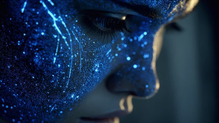 Un ipnotico primo piano di una persona con scintillanti glitter blu sul viso, che cattura dettagli intricati e la luce eterea degli elementi scintillanti