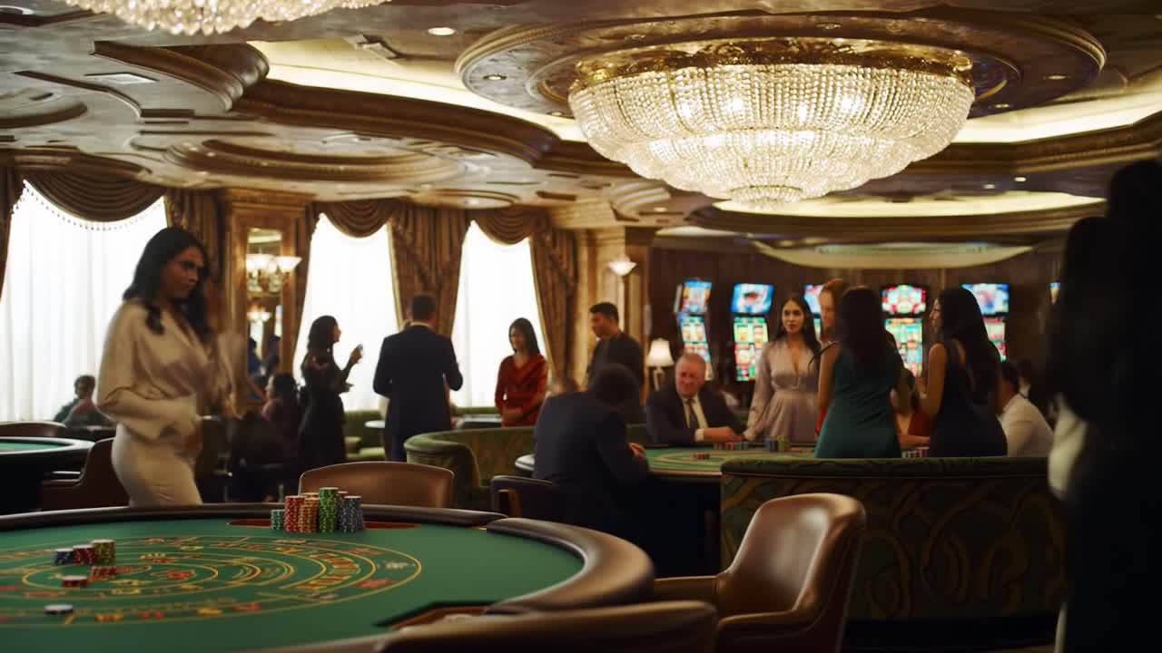 Elegant Casino Interior with Diverse Crowd Engaging in Games and Activities, Featuring Opulent Chandeliers and Stylish Atmosphere