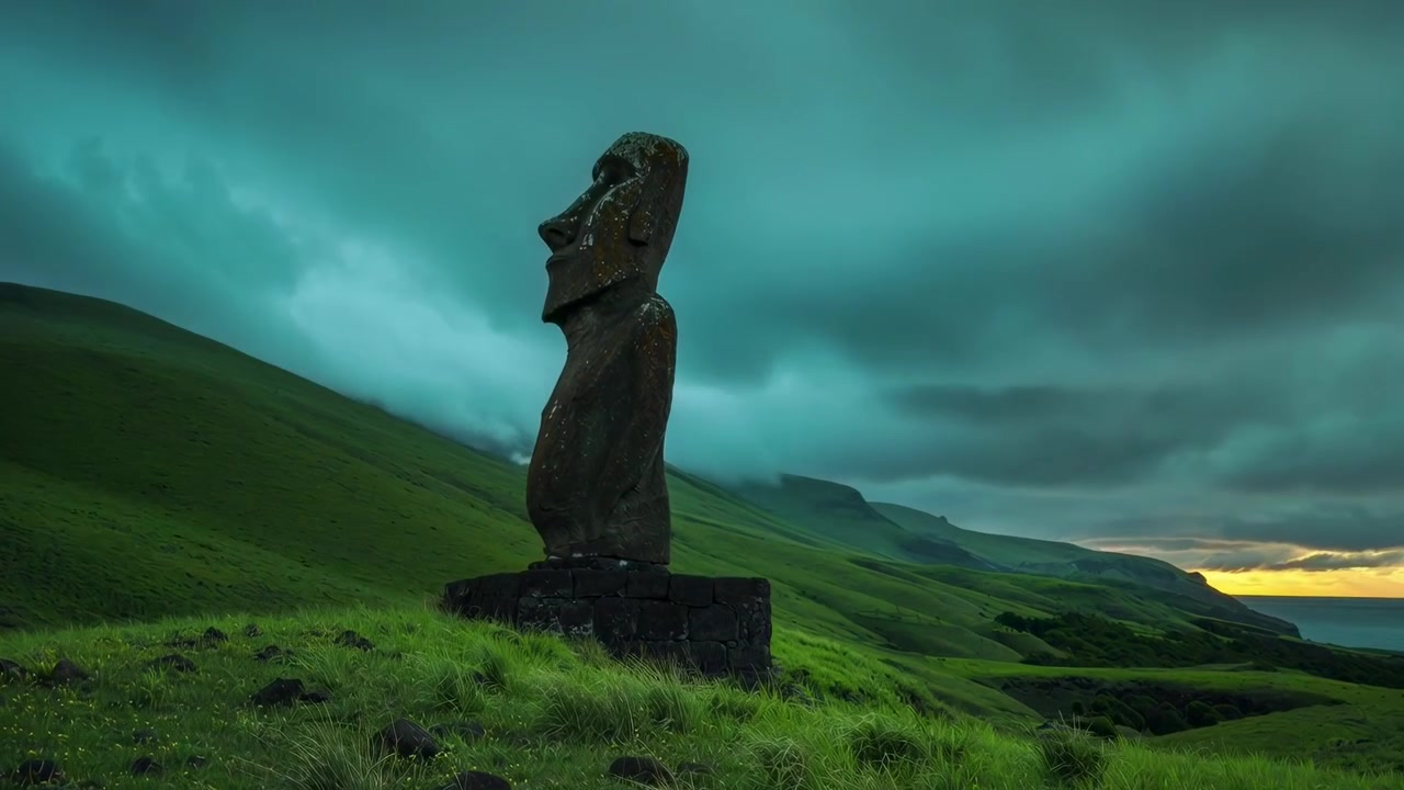 Timelapse della statua Moai sull'Isola di Pasqua con cielo drammatico