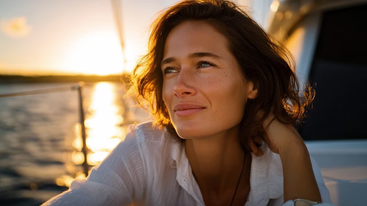 A Woman Enjoying a Serene Sunset on a Boat, Feeling the Gentle Breeze and Warm Glow of the Evening as the Sun Sinks Below the Horizon, Peaceful and Reflective
