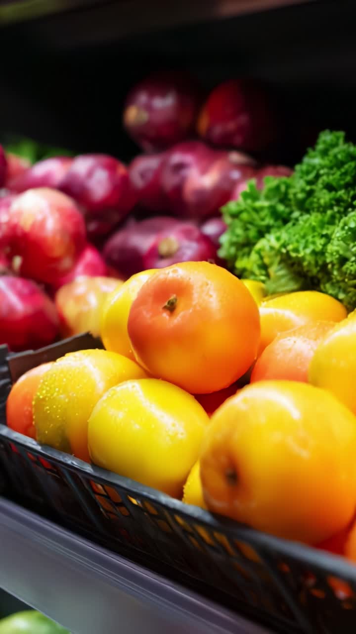 Una vivace esposizione di mele fresche e verdure in una vetrina di un mercato ortofrutticolo, che mette in risalto i colori intensi e la freschezza dei prodotti di stagione