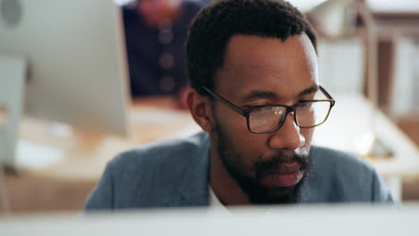 thinking, face and black man in office reading