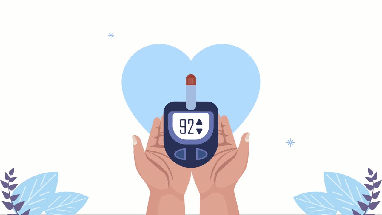 diabetes disease animation with hands lifting glucometer and heart
