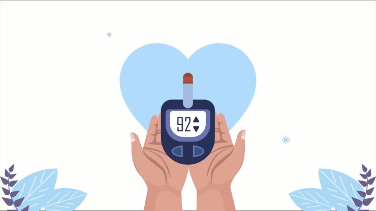 diabetes disease animation with hands lifting glucometer and heart