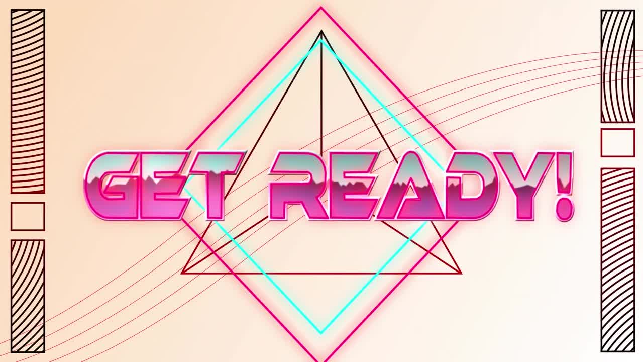 희미한 분홍색에 삼각형과 함께 네온 선 위에 분홍색 금속 글자로 준비 텍스트의 애니메이션