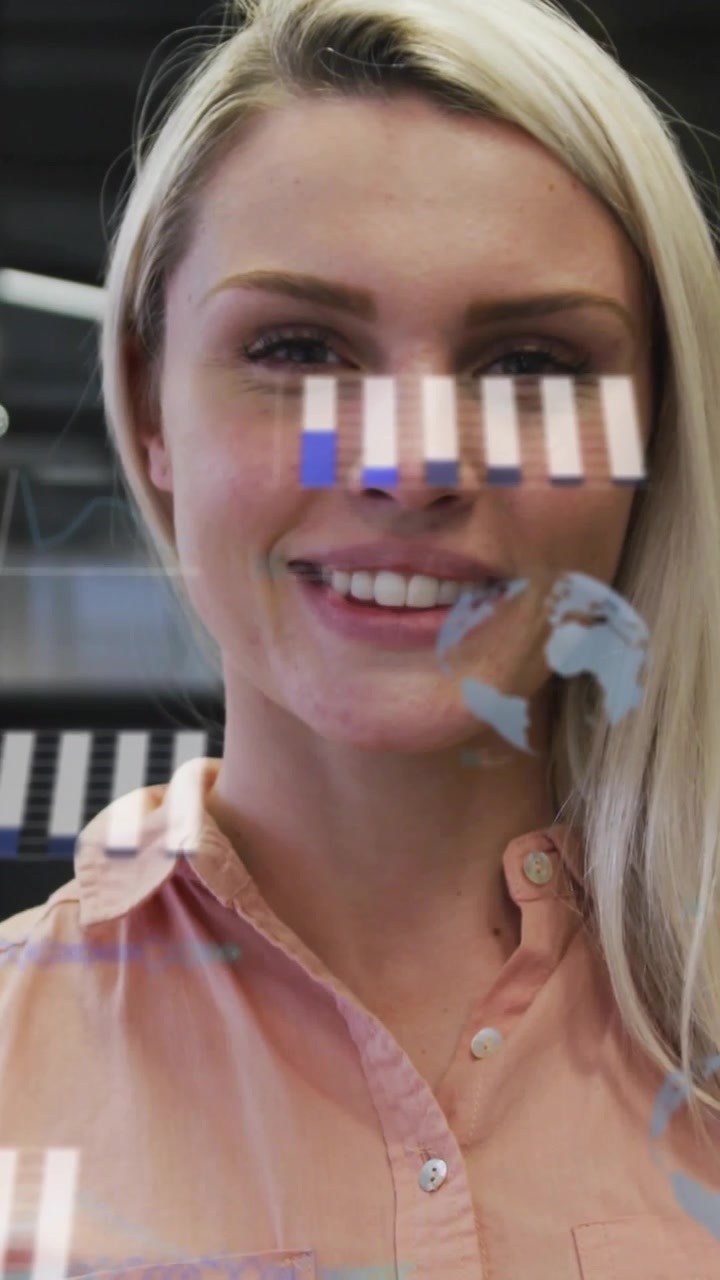 Vertical video: Woman smiling and turning as AR bars sliding across face, showcasing business tech