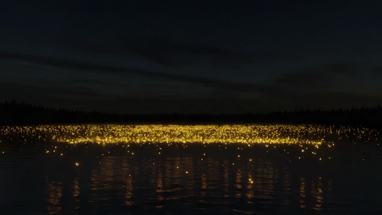 En fascinerande uppvisning av flytande ljus ovanför en lugn sjö, som skapar en fantastisk visuell effekt mot bakgrund av en stjärnklar natthimmel över det stilla vattnet