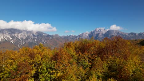 mountain landscape in autumn with bright colors of yellow and red trees, white clouds and blue sky