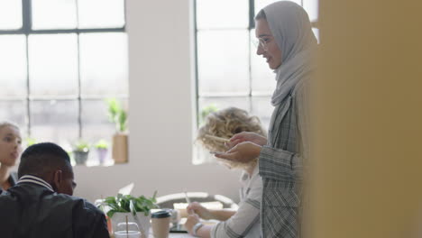 Kreative-Geschäftsleute-Treffen-Sich-Mit-Einer-Muslimischen-Teamleiterin,-Die-Die-Strategie-Eines-Startup-Projekts-Bespricht-Und-Entwicklungsideen-Austauscht-Und-Die-Kommunikation-Im-Team-In-Einem-Trendigen-Modernen-Büro-Genießt